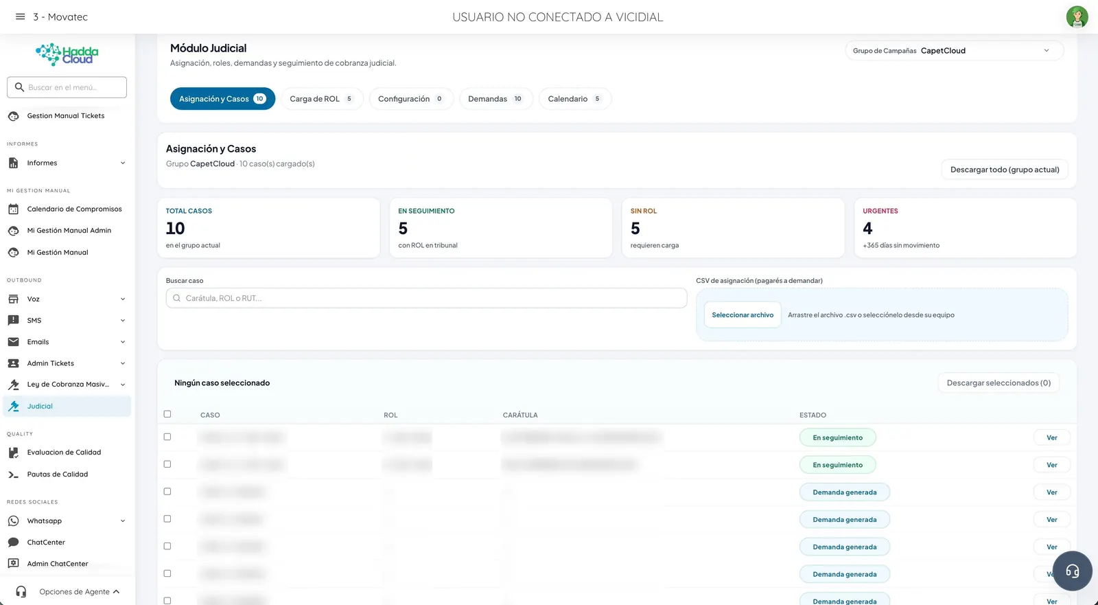 Dashboard del Módulo Judicial — asignación y casos con indicadores